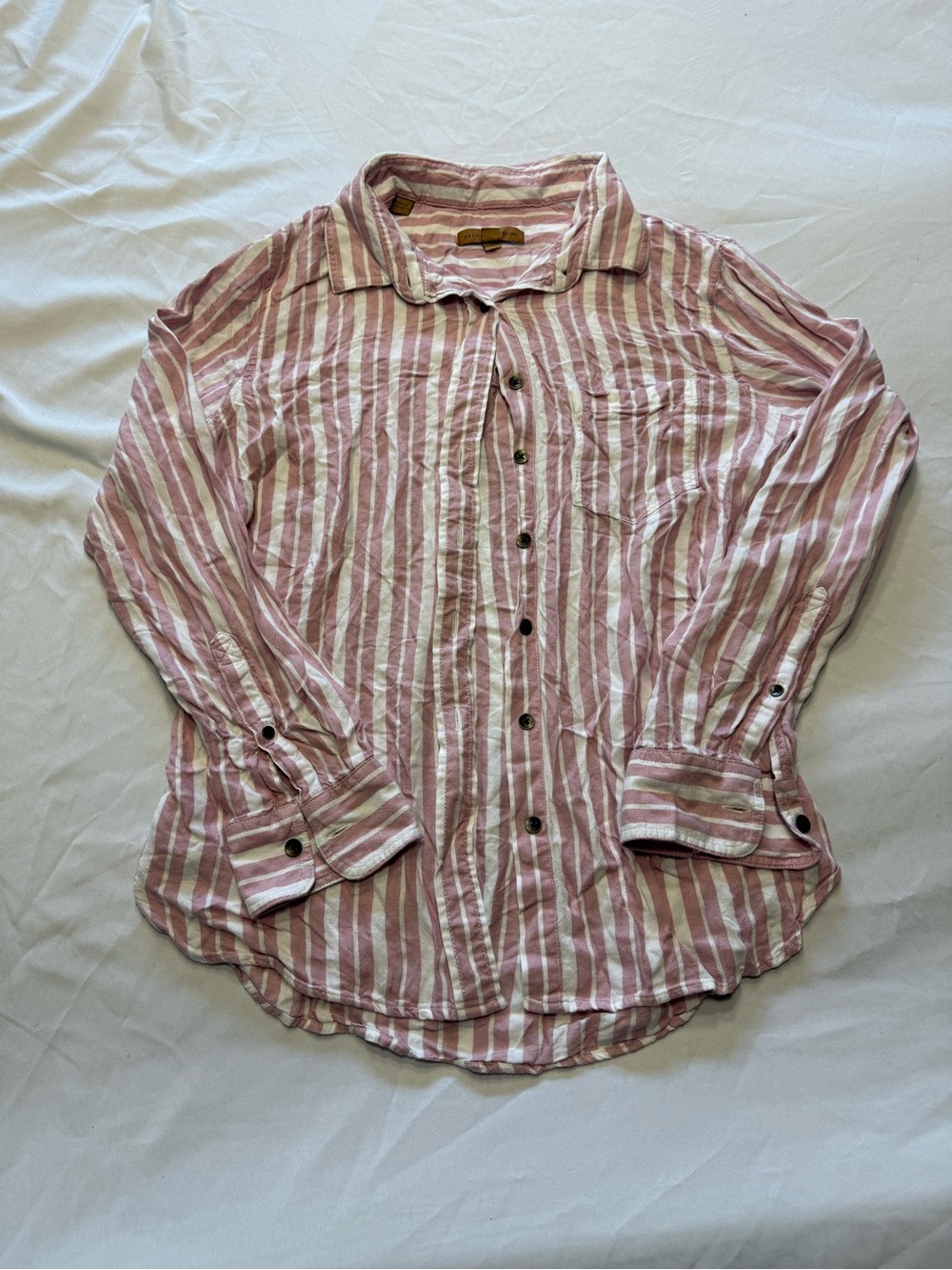 JACHS Girlfriend Pink and White Striped Casual Button-Down Shirt